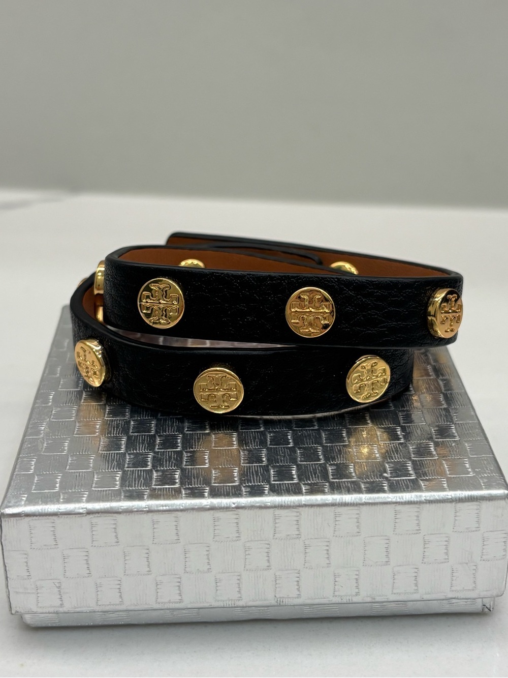 Tory Burch Black Leather Double-Wrap Bracelet with Gold Logo Studs